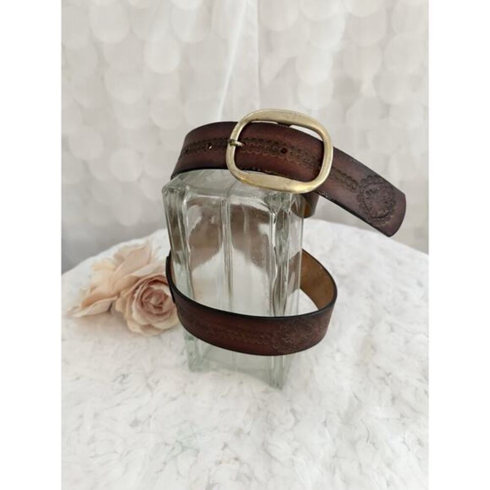 VTG TOOLED buckle belt RUSTIC cowhide 36 leegin WESTERN brown leather cowboy